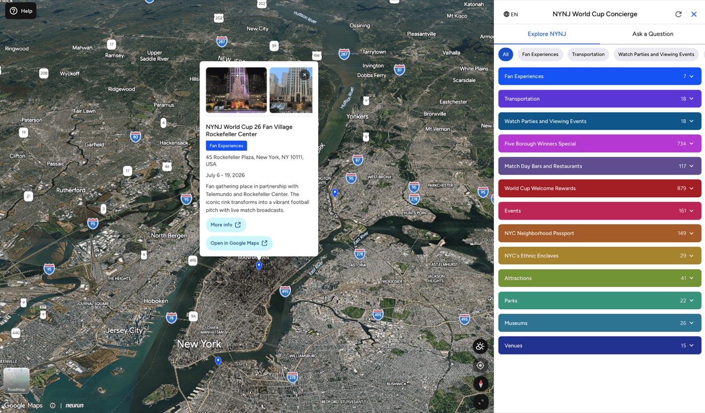 The NYNJ World Cup Concierge showing a Fan Village pin at Rockefeller Center on a map of New York, with category layers in a side panel
