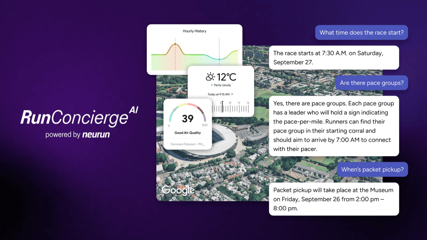 RunConcierge answering race-day questions beside a 3D map with weather and air quality readings